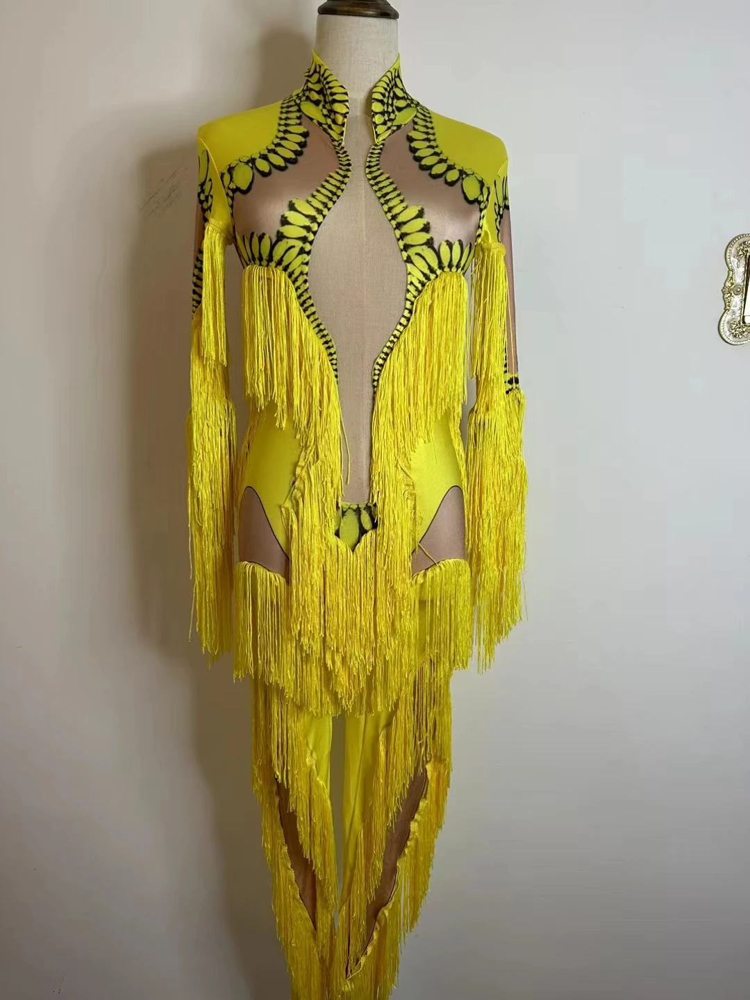 

Yellow Tassel Jumpsuit Women Long SleeveSpandex Skinny Fringe Leotard Sexy Stage WearDJ Singer Dancer Party Show Costume B021