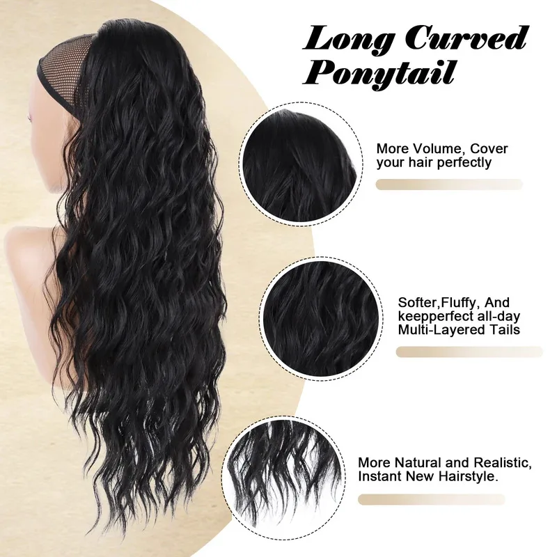 

Wig 24Inch Synthetic Long Drawstring Ponytail Hair Extensions For Women Curly Wavy Natural Black Wavy Hairpiece Daily Use Party