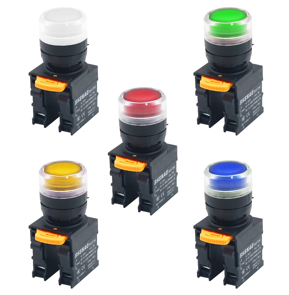 NEW High quality switch 1NO /1NC Flat Head With Light Button Switch Indicator light 24V 220V Self reset 22mm Push Button Switch