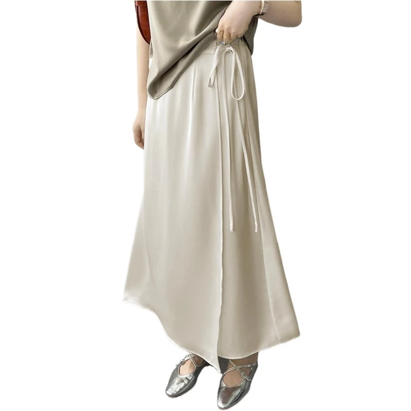 Summer New Feminine Medium Length Skirts High Quality Satin Finish Elastic Waist Side tie Office Lady A-Line Solid Cozy Vestidos