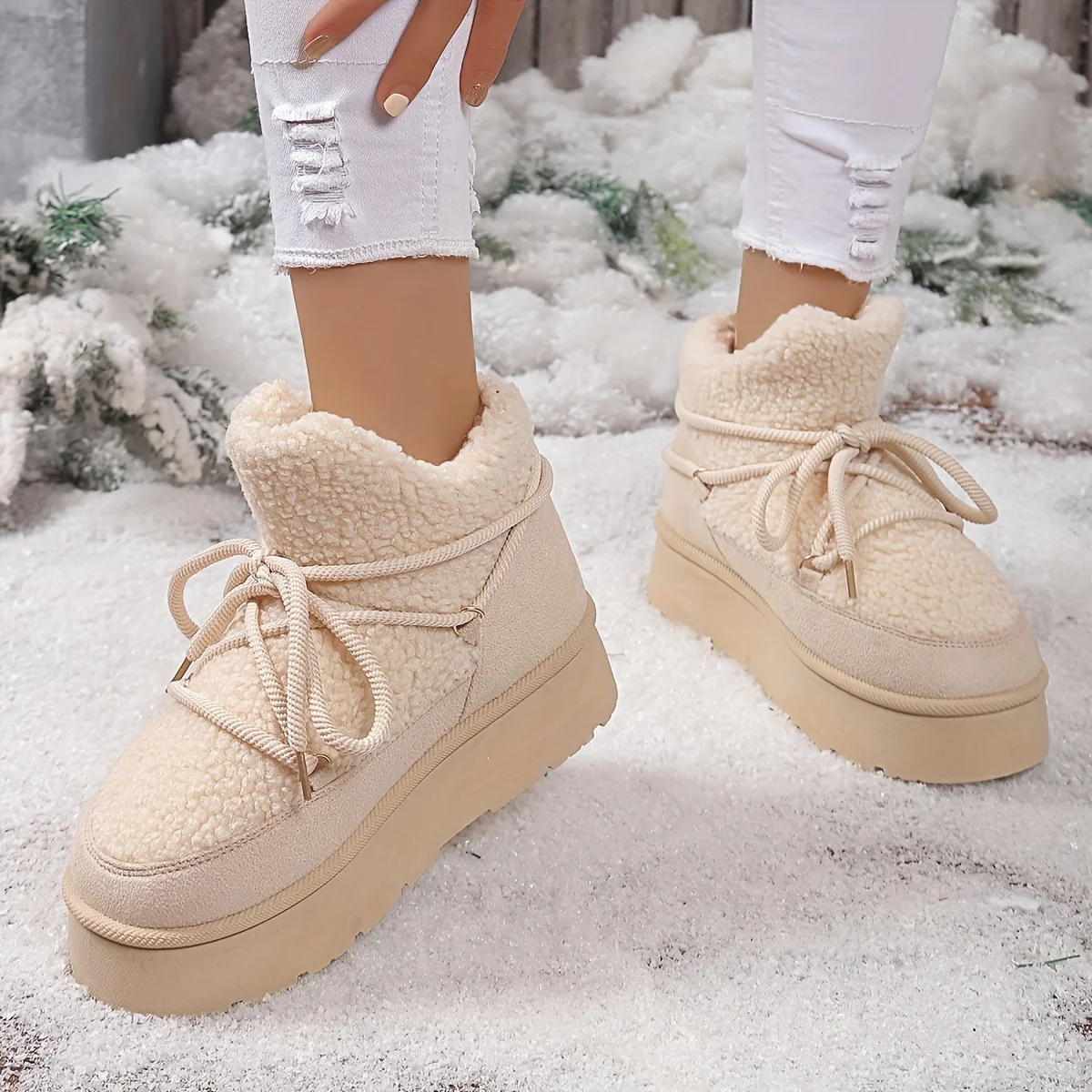 أحذية الكاحل للسيدات، 2025 أحذية شتوية ترفيهية جديدة قصيرة من الصوف بنعل سميك