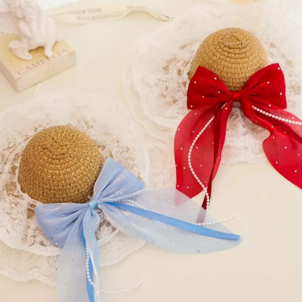 Sombrero de paja vintage para gatos y perros con lazo estilo princesa - imagen 4