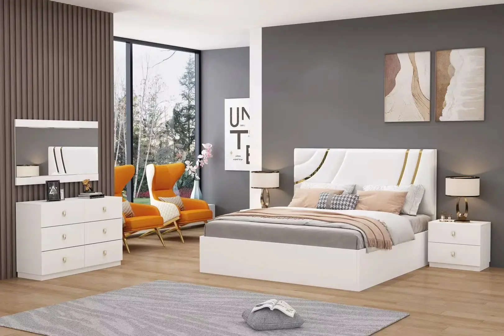 2026 King Bedroom Set Wholesale Hotel Modern Design Sleeping Sets Furniture MDF King Size Bed Wardrobe