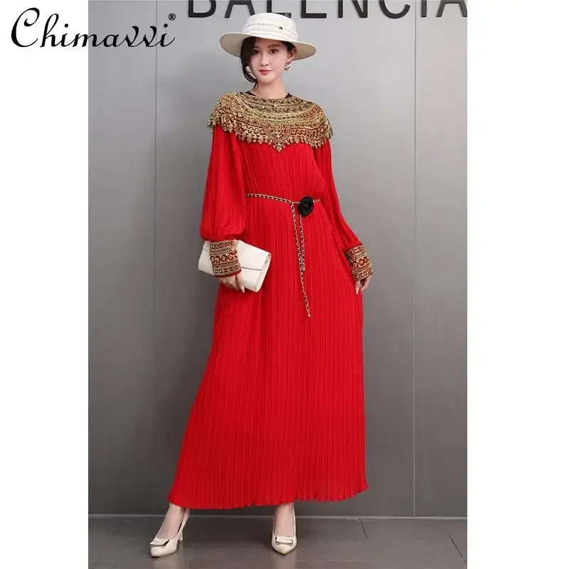 

High-end Luxury Long Women's Dress Spring New Fashion Heavy Bead Sheet Pleated Fabric Long Sleeve Loose Elegant Holiday Dress