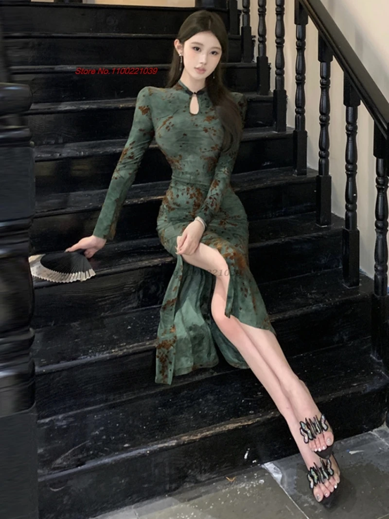 فستان سهرة صيني مثير من تشيباو مخملي شيونغسام مطبوع عليه زهور وطنية فستان شعبي تقليدي للنوادي الليلية تشيباو فيستدو #3