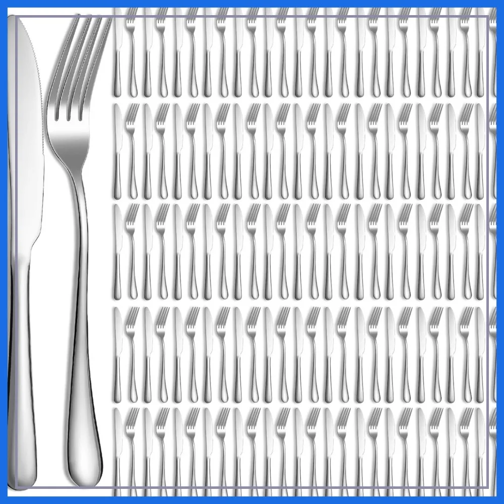 

Stainless Steel Forks and Knives Set 100 Pieces, Dishwasher Safe, Silver, 9.06 & 8.07 Inches