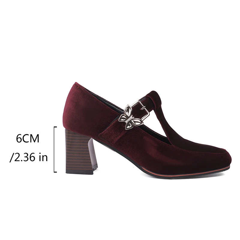 Black Burgundy Green Vintage Pleuche Velvet Mary Jane Shoes Women Square Toe Buckle Strap T-tied High Heels Pumps Woman Big Size