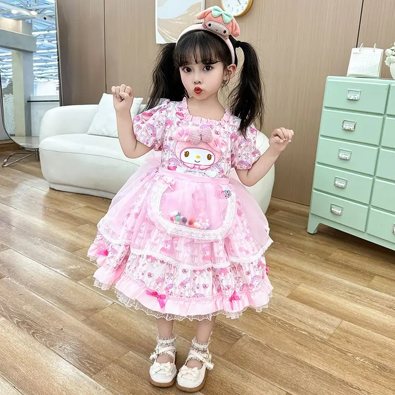 Anime Sanrios My Melody Girls Lolita Dress Cinnamoroll Summer Child Fashion Princess Skirt Sweet Veil Birthday Party Dress Gift