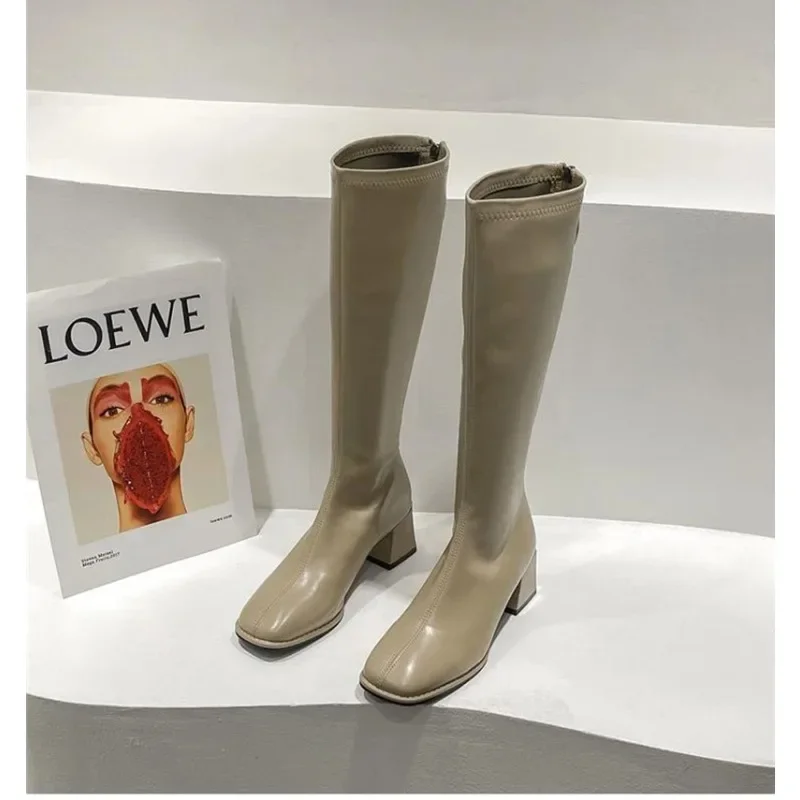 Botas altas ajustadas de tacón alto para mujer, zapatos largos de cuero suave, a la moda, para invierno, novedad de 2023