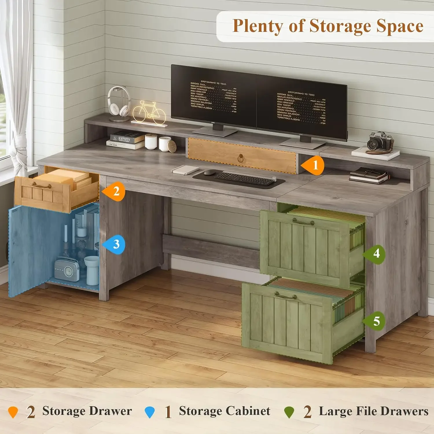 "Farmhouse 63” Executive Desk, Wooden Computer Desk with Drawers & Storage – Includes File Cabinet for Home Office Organizatio image 4
