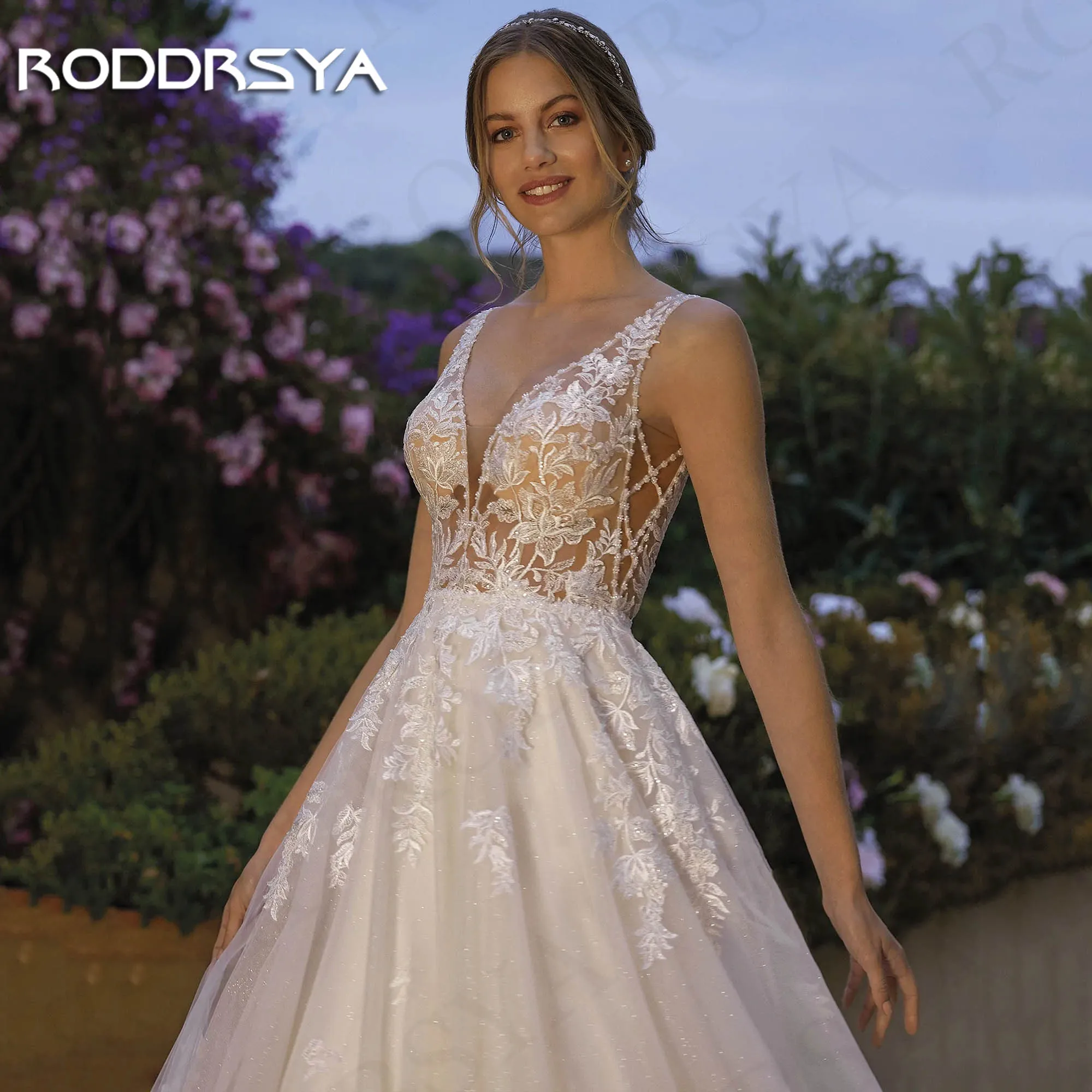 RODDRSYA Elegant Tank Sparkly Wedding Dress For Bride V Neck Lace Backless Tulle Bridal Dresses свадебное платье Sleeveless