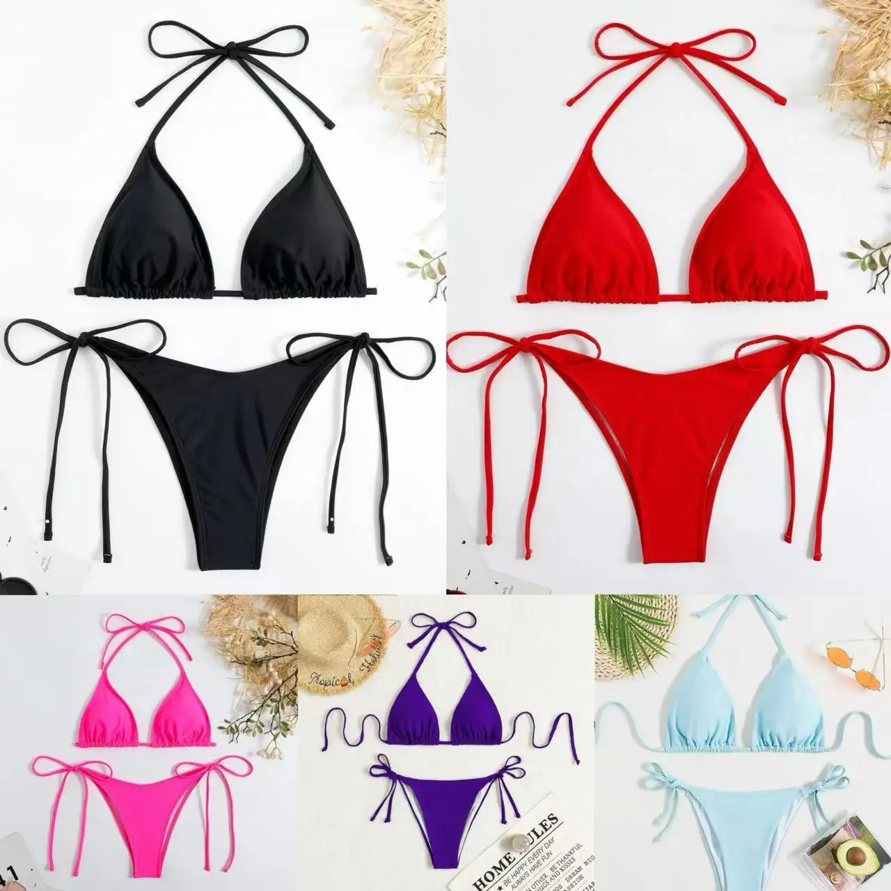 

Bikini three-point swimsuit sexy drawstring strap halter bikini solid color lace-up split swimsuit