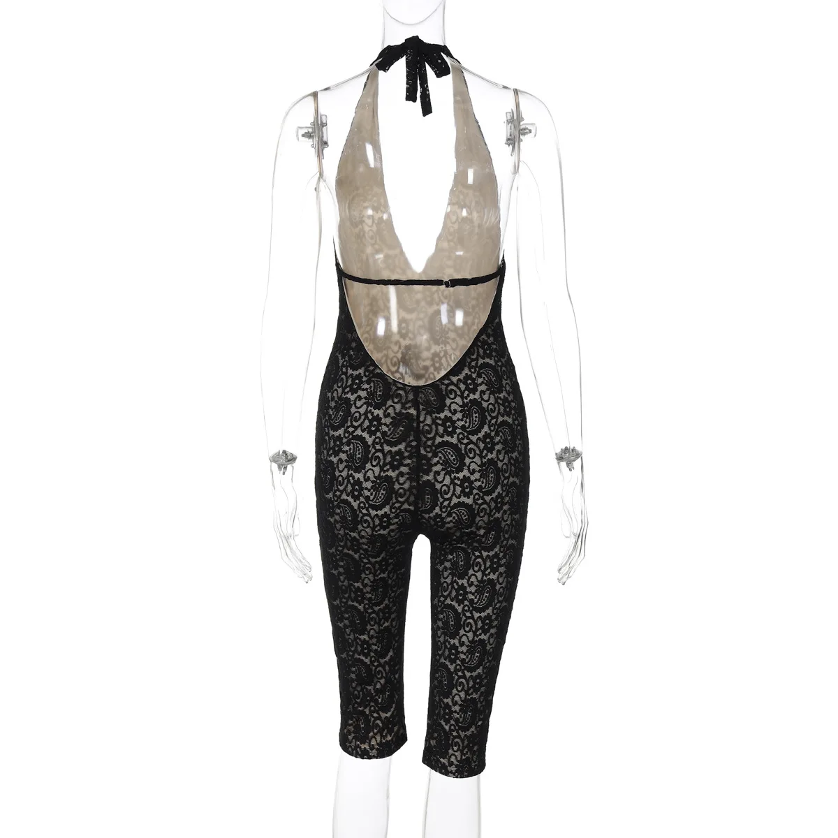 BKLD Women Clothing 2025 Spring Summer New Fashion Sexy Night Club Outfis Lace Patchwork Backless Halter Neck Lace-Up Jumpsuit