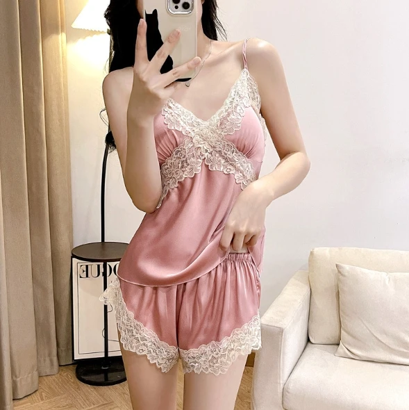 Romantic Style Women\'s 2-Piece Set Summer 2024 Sexy Slim Sleeveless V-Neck Lace Patchwork Satin Home Lingerie Pants Set