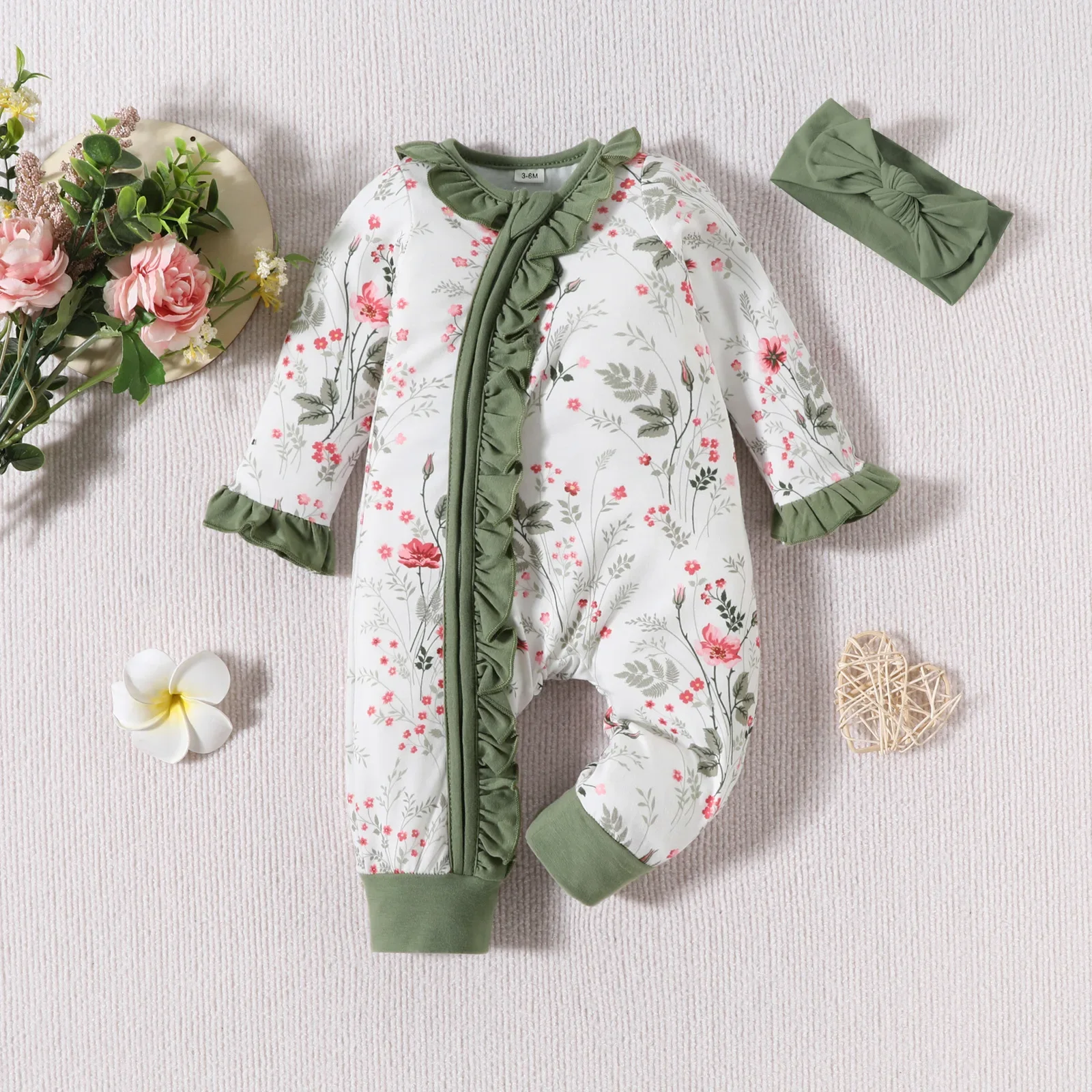 Newborn Baby Girl Clothes 0 3 6 9 Months Vintage Floral Cotton Lace Ruffle Infant Romper Spring Baby Girl Jumpsuit Set Outfit