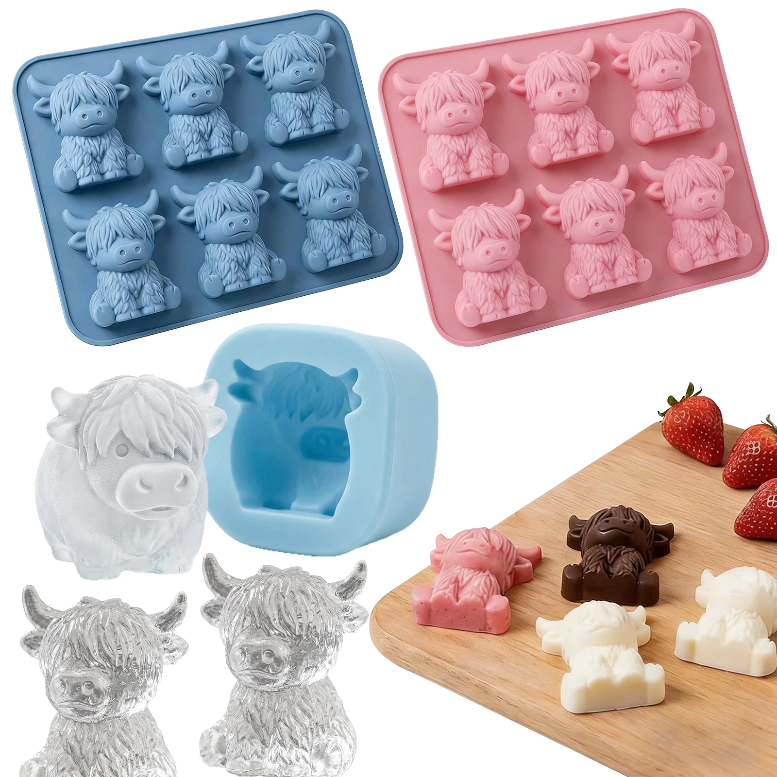 

Silicone Mini Highland Cow Ice Cube Mould Silicone Mould Chocolate Candy Jelly Making Tray Cute Animal Shape Kitchen Gadget