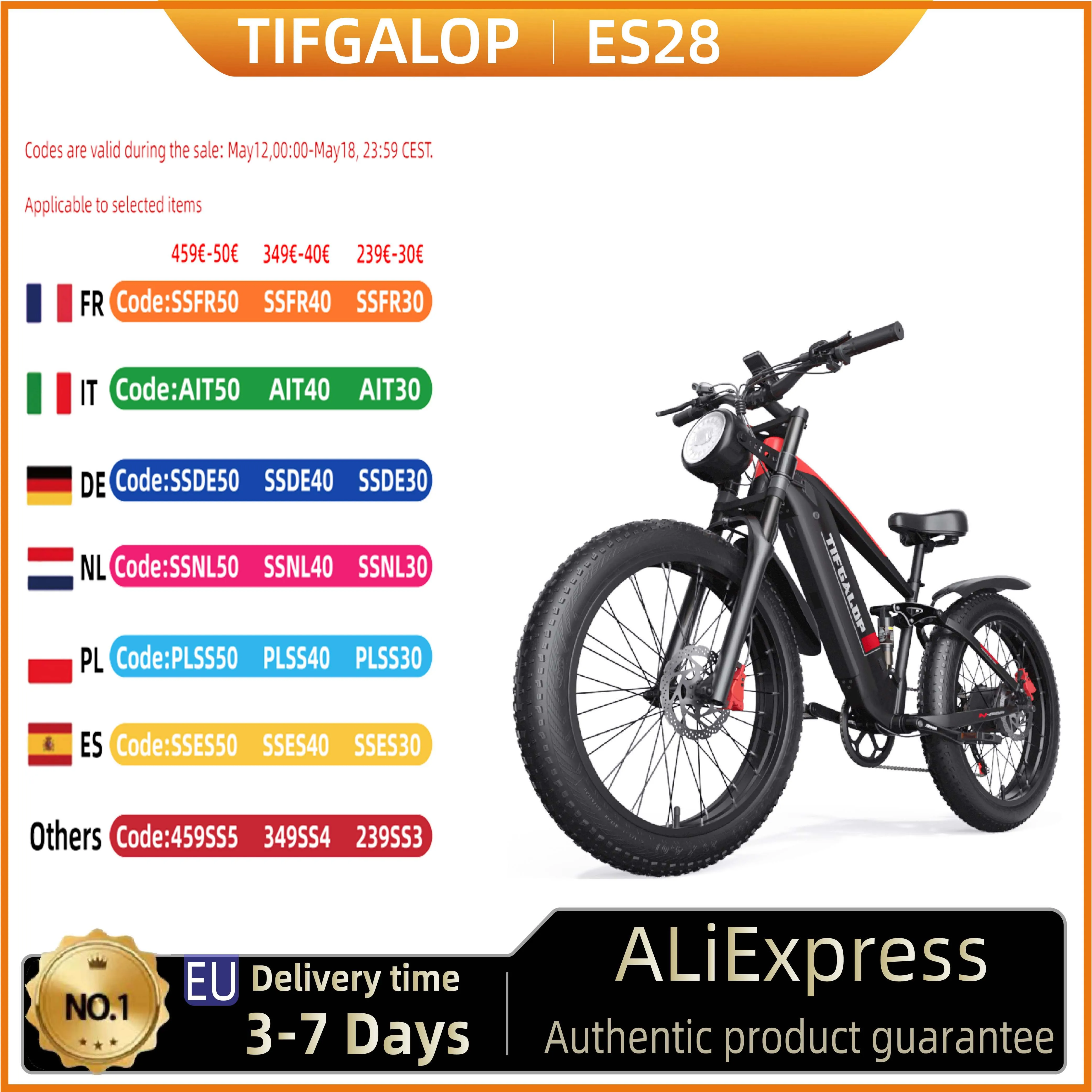 TIFGALOP ES28 Electric Bicycle 1000W Motor 48V18AH Top Speed 32mph Adult E- Bike 26'' Fat Tire Mountain Off road Electric Bike