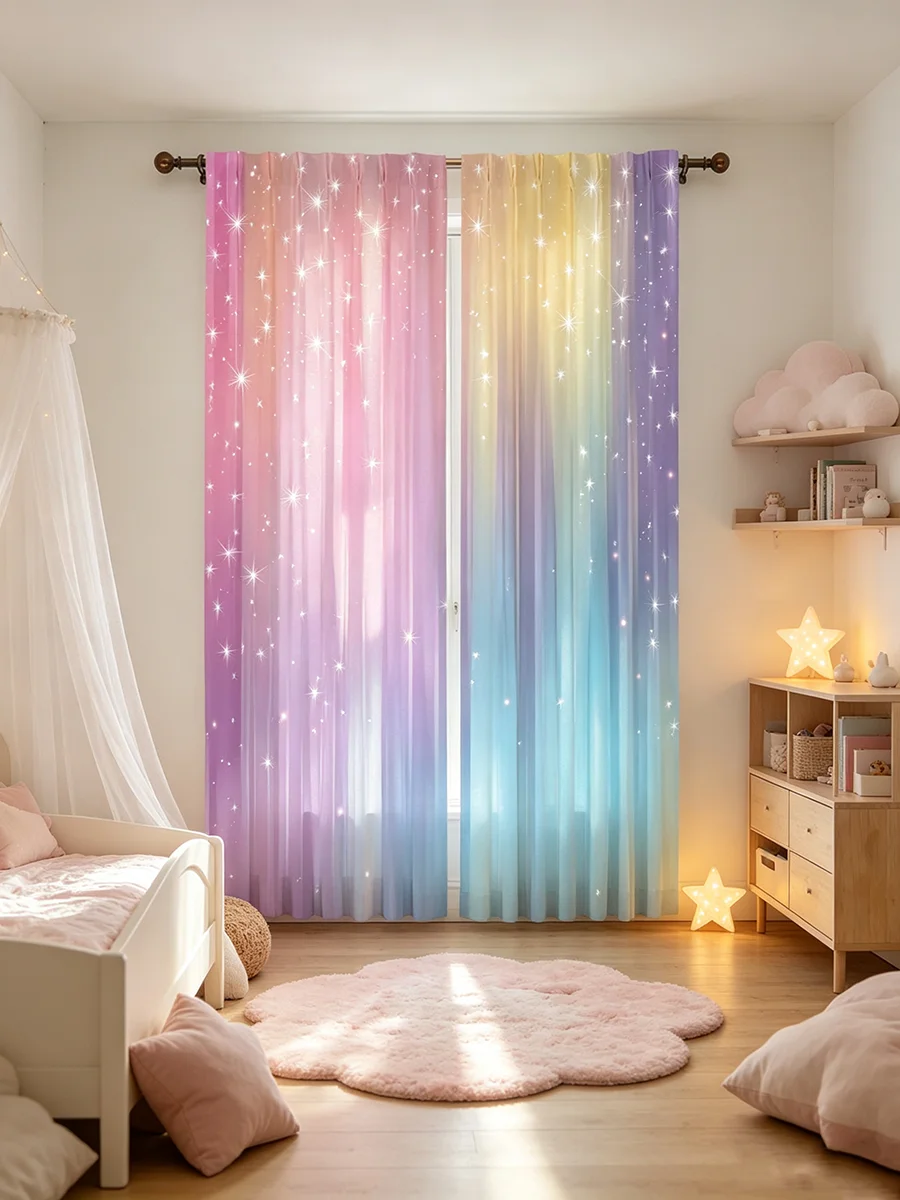 2PCS Gradient Rainbow Star Print Curtains, Cute Window Drapes for Bedroom Kids Room Home Decor