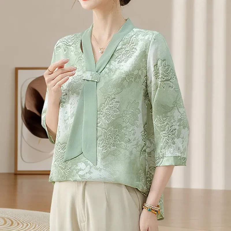 

Spring Summer 2025 New Chic Pullover T-Shirt Shirts Women's Fashion Elegant Loose Print Cropped Sleeve Tops T-Shirt