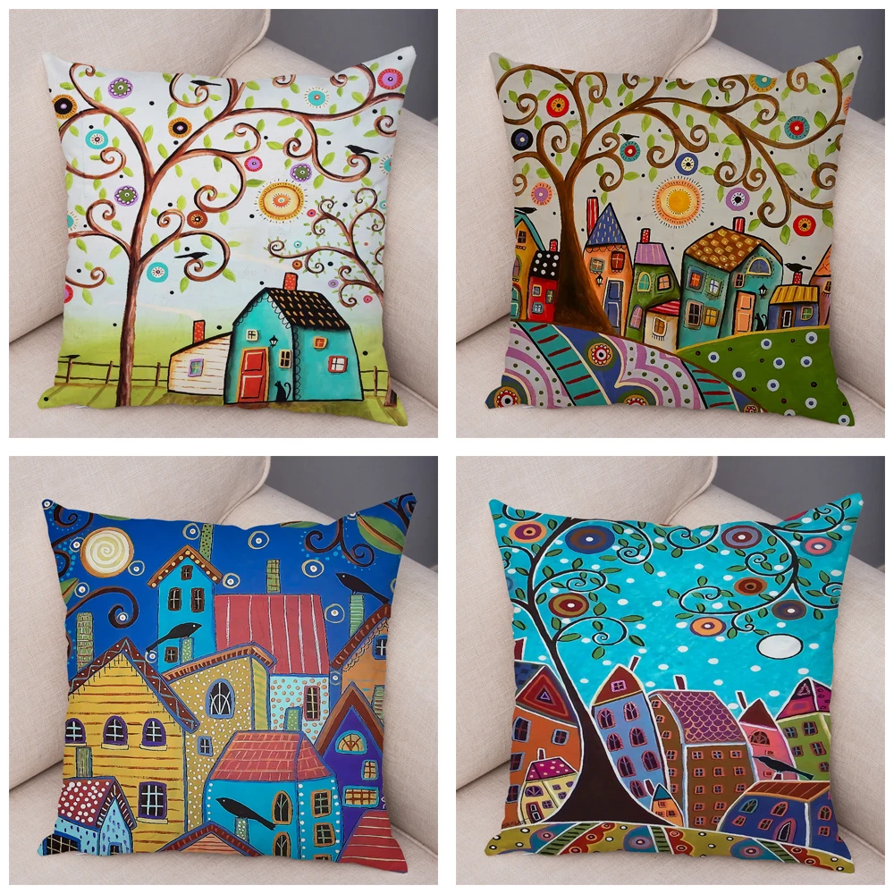 Retro Pastoral Color City Cushion Cover Sofa Home Car Decoration Colorful Cartoon House Print Pattern Pillowcase