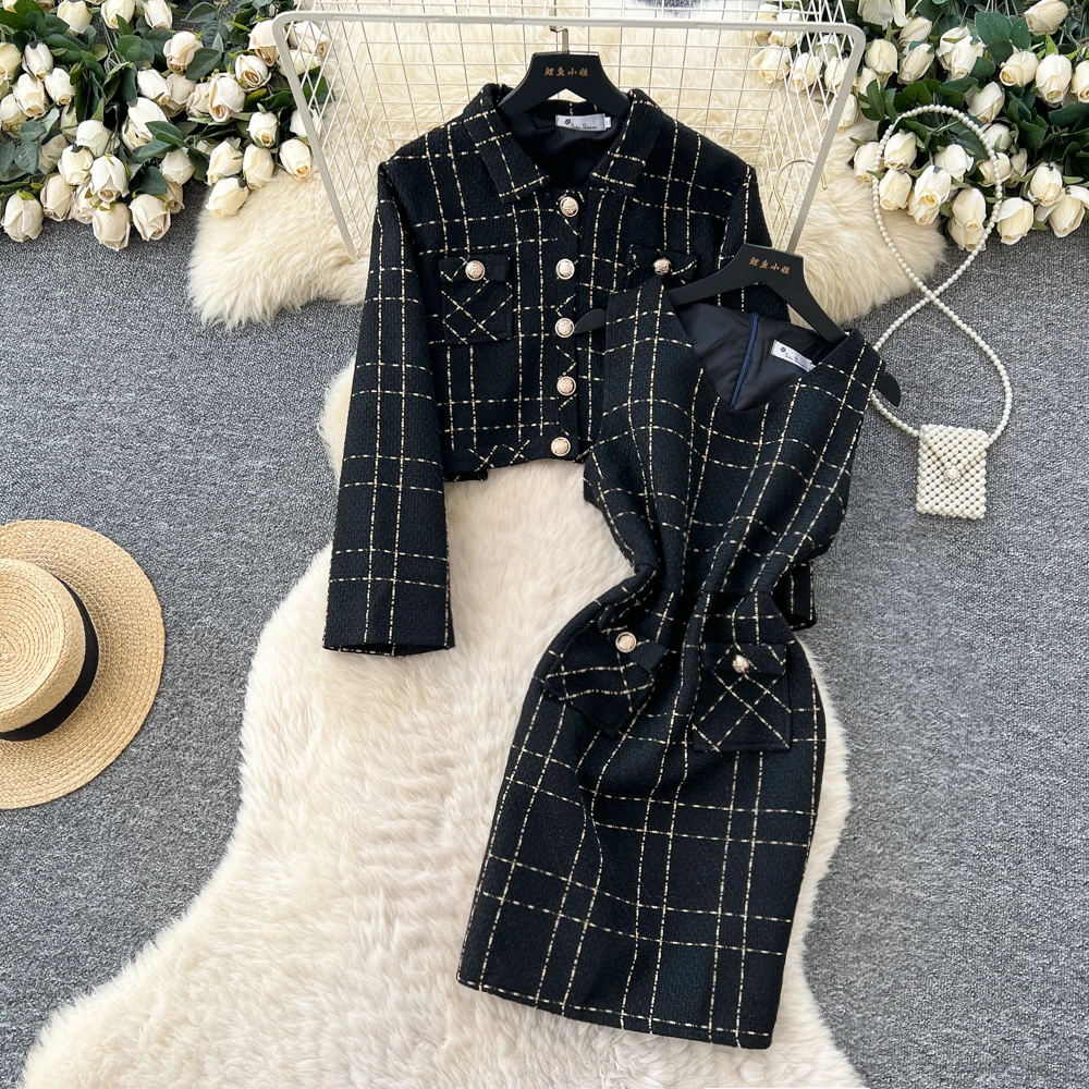 

Elegant long sleeve button Dress Slim Party Club Vintage Dress Korean Fashion Women Clothes Two Piece Set