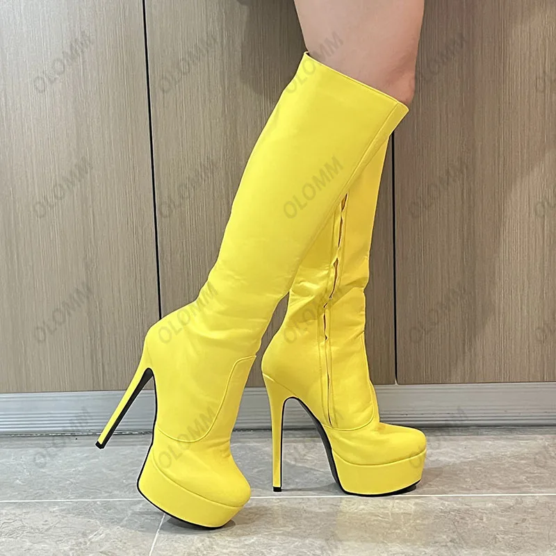 

Olomm Women Winter Knee Boots Full Zipper Sexy Stiletto Heels Round Toe Pretty Yellow Black Shoes Ladies Plus US Size 5-20