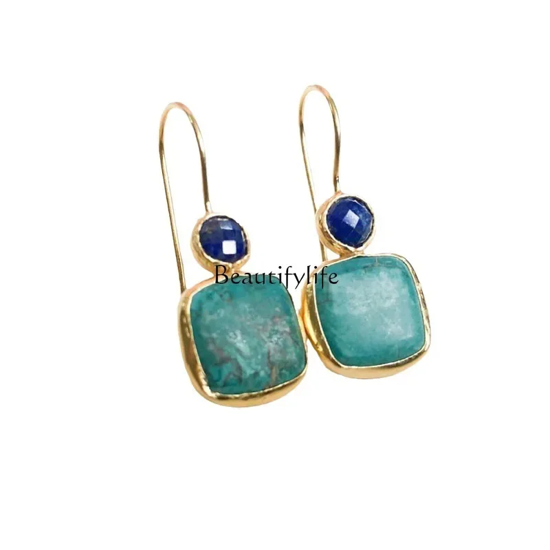 

European and American fashion simple geometric square alloy earrings, elegant temperament inlaid with turquoise earrings women