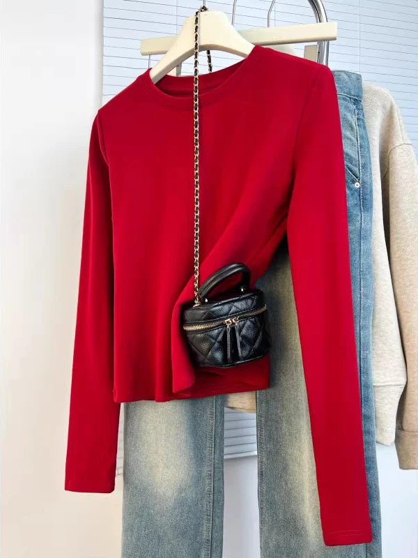 Red Long Sleeve T-Shirt Women's Short Style Base Layer Shirt plus Size Micro Fat MM Small Size Autumn New Arrival Top