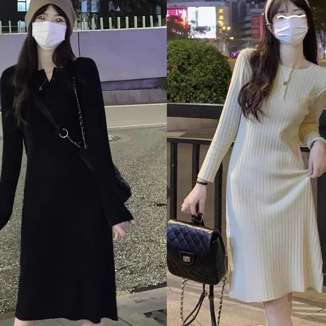 Pitgebreide jurk voor dames in de herfst en winter Middellange trui-jurk tot over de knie voor binnenbasisrok