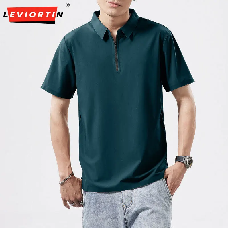 Summer Men's Youthful Fashion Ice Silk Cool Collar Short Sleeve T-shirt Simple Thin Zipper Collar Solid Color Polo Top