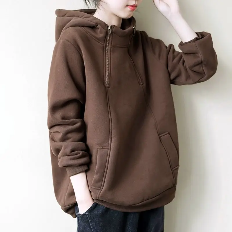 Vintage Zipper Patchwork Thick Hoodies Autumn Winter Long Sleeve Loose Plus Size Casual Pullovers Fashion Trend Women Clothing