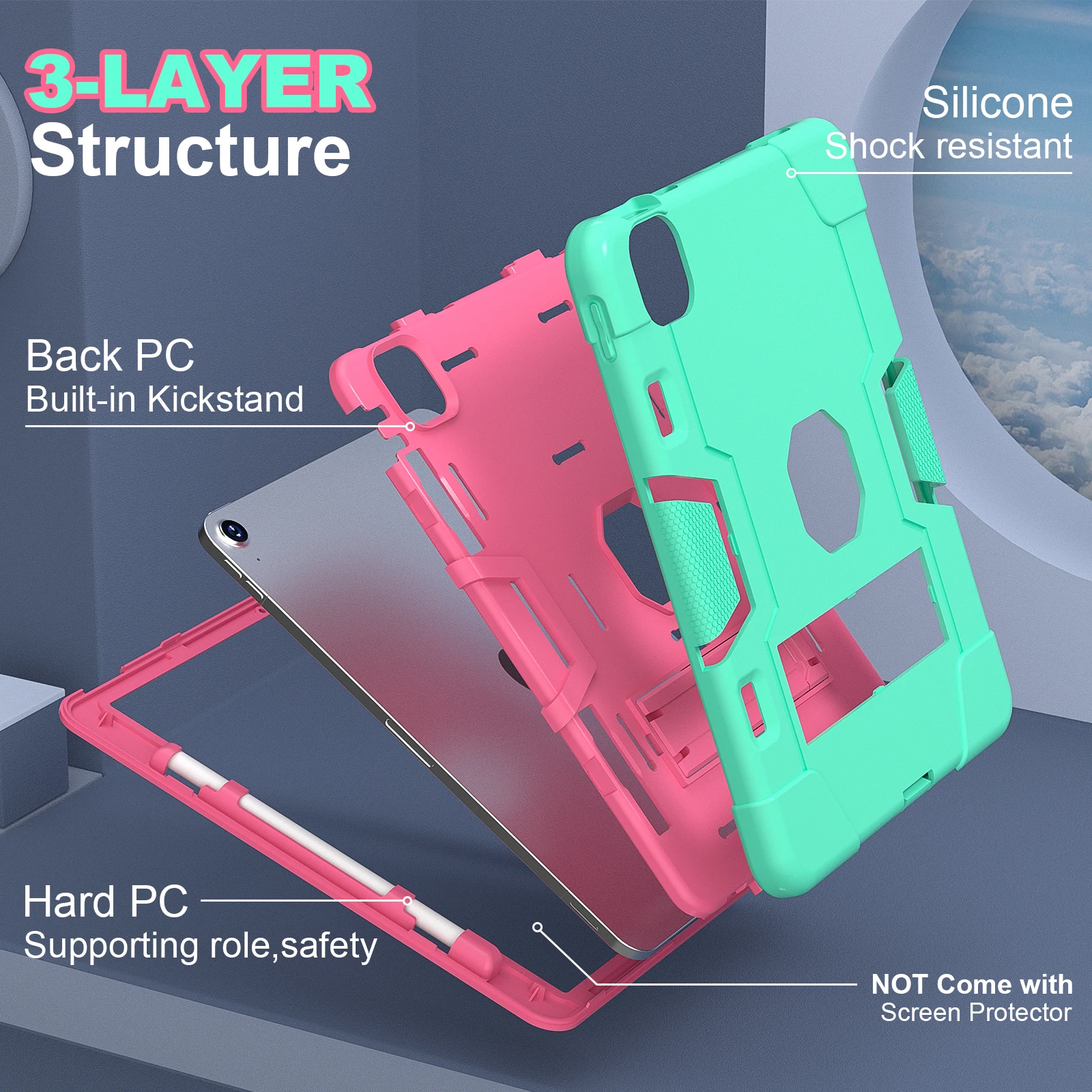 Rugged Kickstand Case For iPad Pro 11 2018-2022 1st 2nd 3rd 4th Gen Air 4 2020 Air 5 2022 PC Silicone Anti-Slip Cover Shockproof