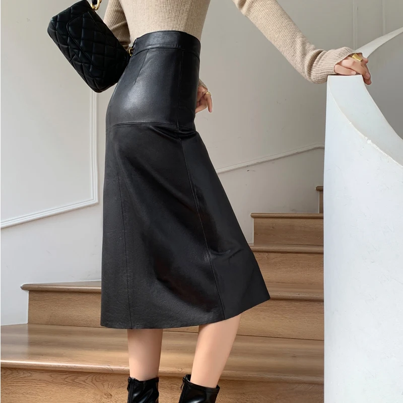 2023 New Genuine Leather Skirt for Women Vegetable Tanned Sheepskin Wrap Long Faldas Mujer Mid Length Front Slit Mid-Calf