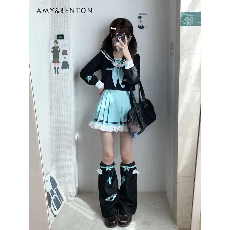 25COSKawaii Preppy Style Jk Uniform Suit Japanese Navy Collar Long-sleeved Short Shirt Ruffle Edge Patchwork Pleated Skirt Twins
