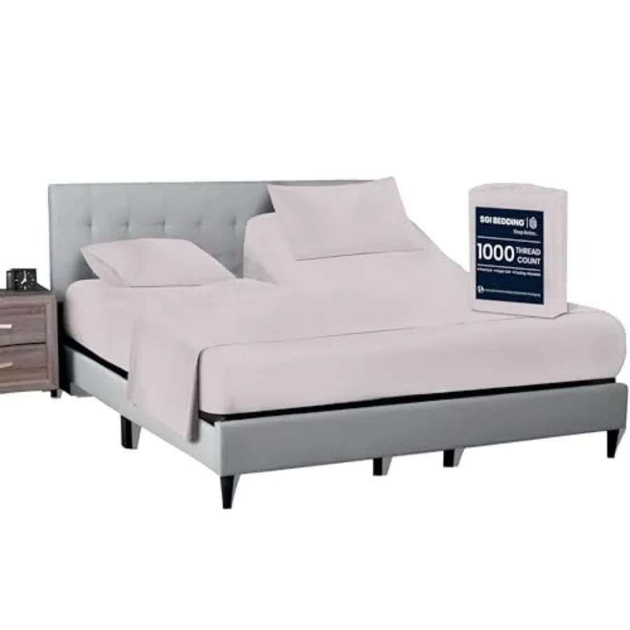 

28 Inch Top Split King Flex Head Sheet Set for Sleep Number Beds -1000 Thread Count Egyptian Cotton Light Grey Solid fits 15 in