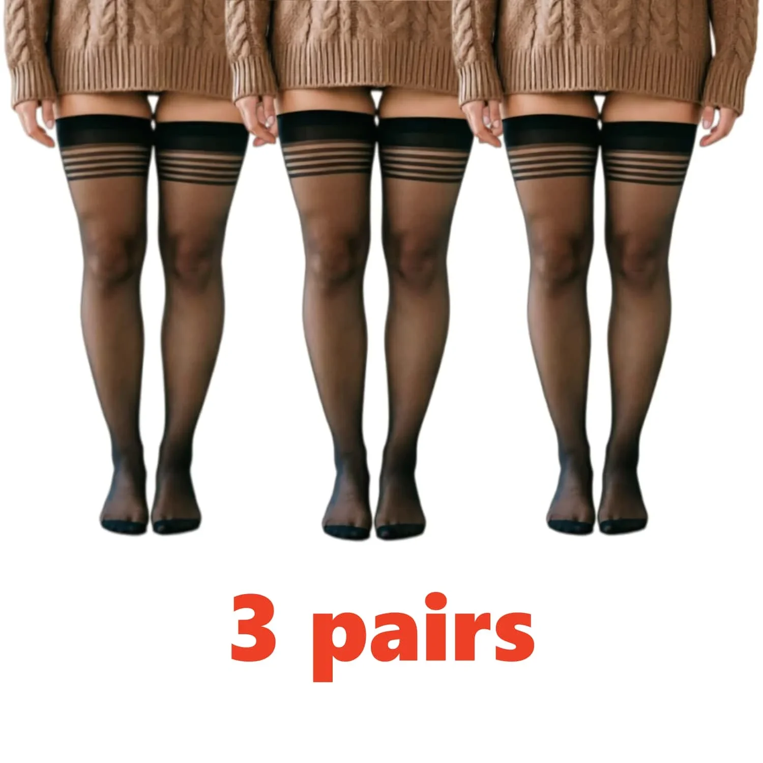 FREEAUCE Plus Size Strumpfhosen mit Spitzenbesatz, gestreift, oberschenkelhoch, für Damen, sexy, durchsichtig, elastisch, schlankmachende Strumpfwaren für kurvige, dicke Beine, 3 Paar – Detail 1