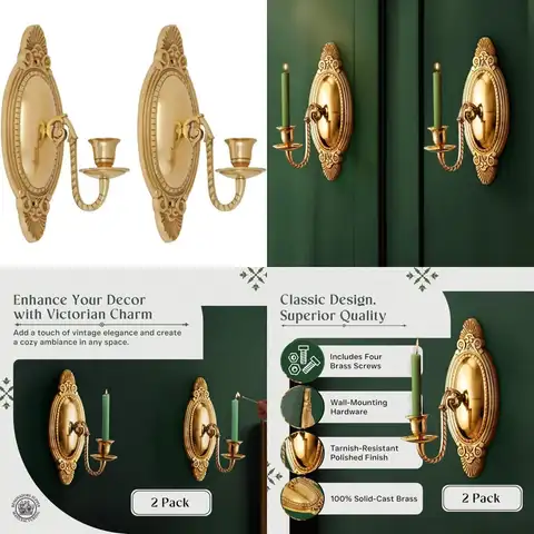 Victorian Style Solid Brass Wall Sconce Candle Holders, 9.125 High, Vintage Decorative Candlestick Holders with Mounting Hardwar