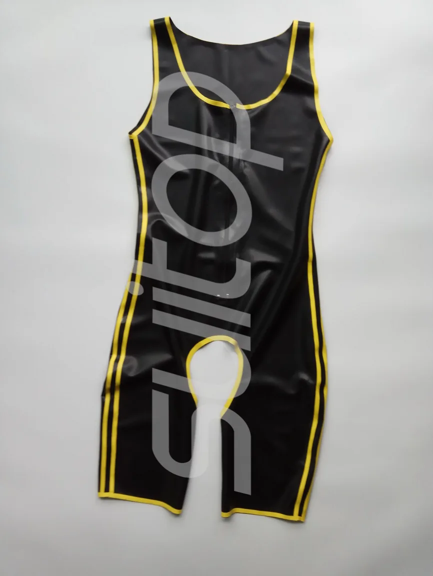 

Оптовая продажа, сексуальный мужской латексный комбинезон с мокрым эффектом, резиновое боди (черная и желтая отделка), открытая задница