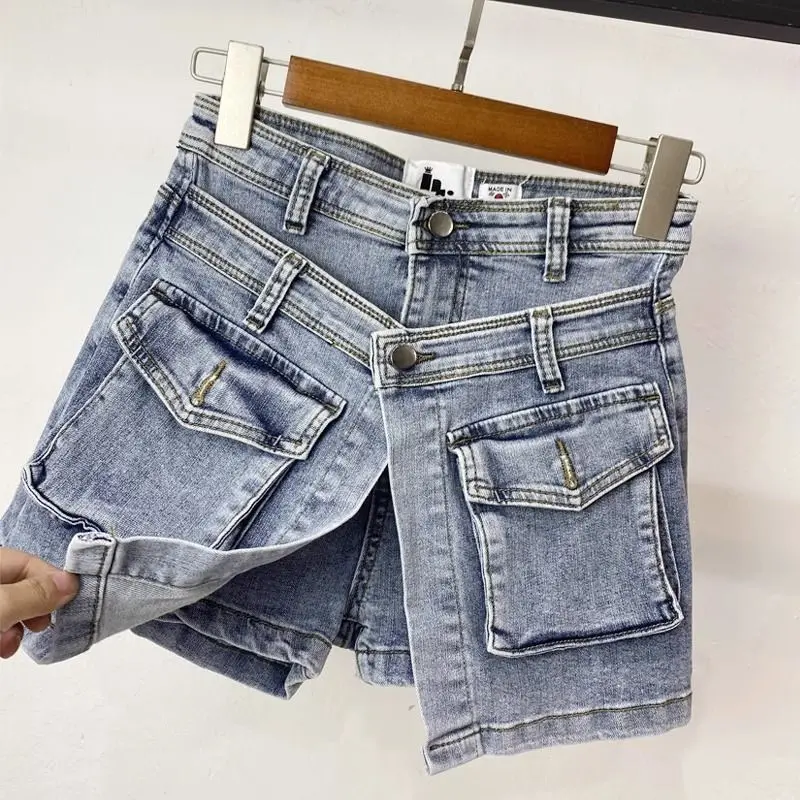 Celana pendek denim wanita, bawahan cucian pinggang tinggi slim fit musim gugur 2024 desain dua potong palsu