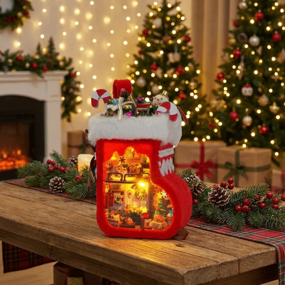 Wooden Christmas Stocking with Furniture Glowing with LED Lights DIY Christmas Cottage Model Handmade Miniature House Kit