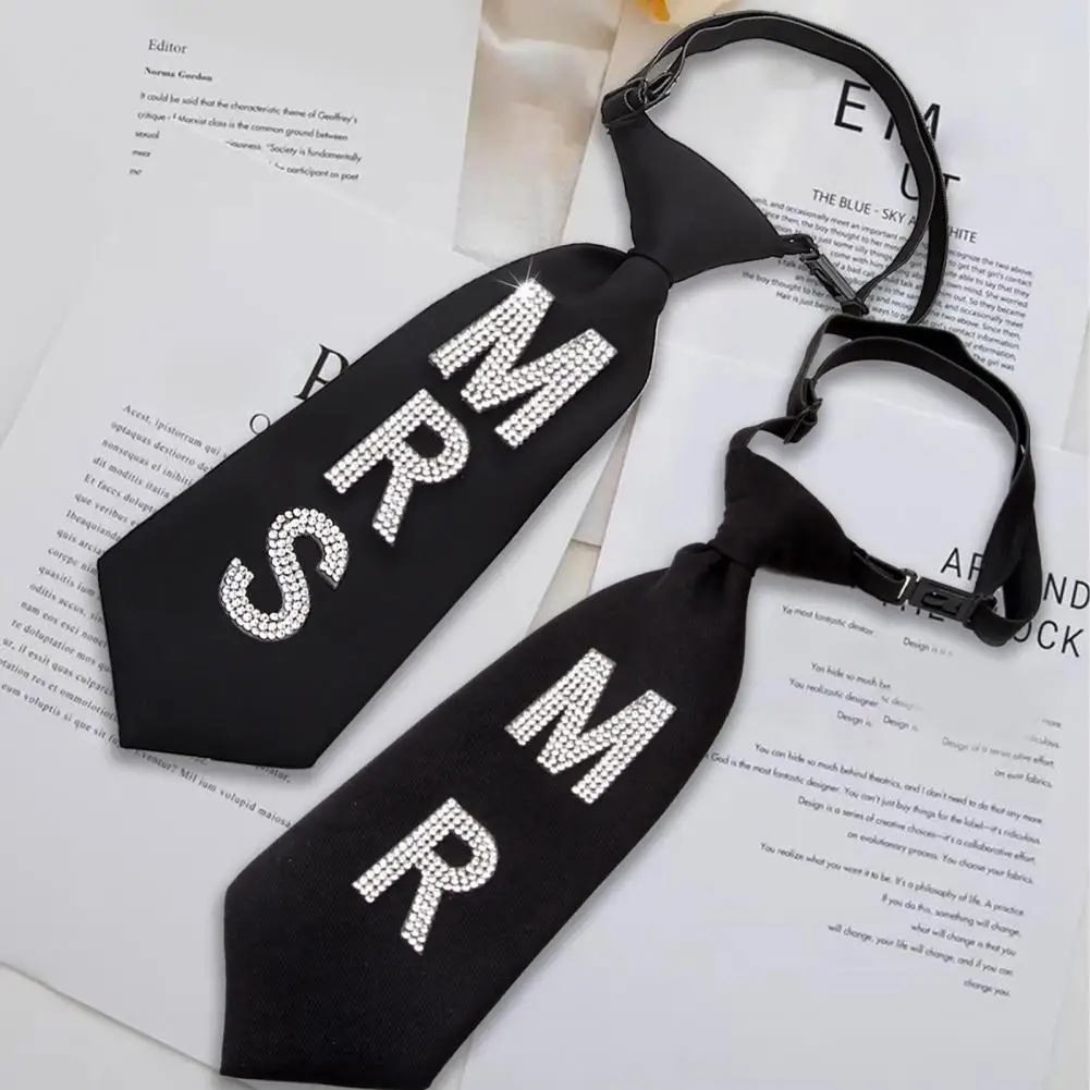 Shirt Tie Adjustable Buckle Neck Strap Short Version Rhinestone Letters Necktie Parties Romantic Couple Accessories