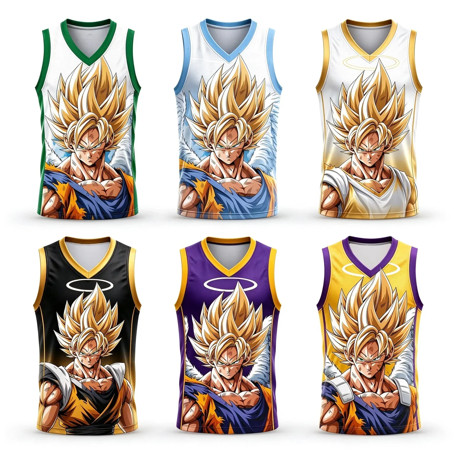 2027 Anime Dragon Ball Goku Super Saiyan No.23 Basketball Jersey Men Print Sports Vest White Gold Gradient Streetwear Tank Top