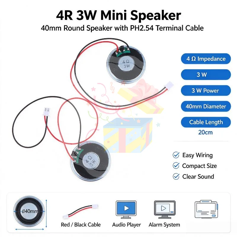 2Pcs 4 Ohms 3W 40MM Speakers with PH2.54 Terminal Wire for Small Outdoor Sound Device DIY Repair Parts