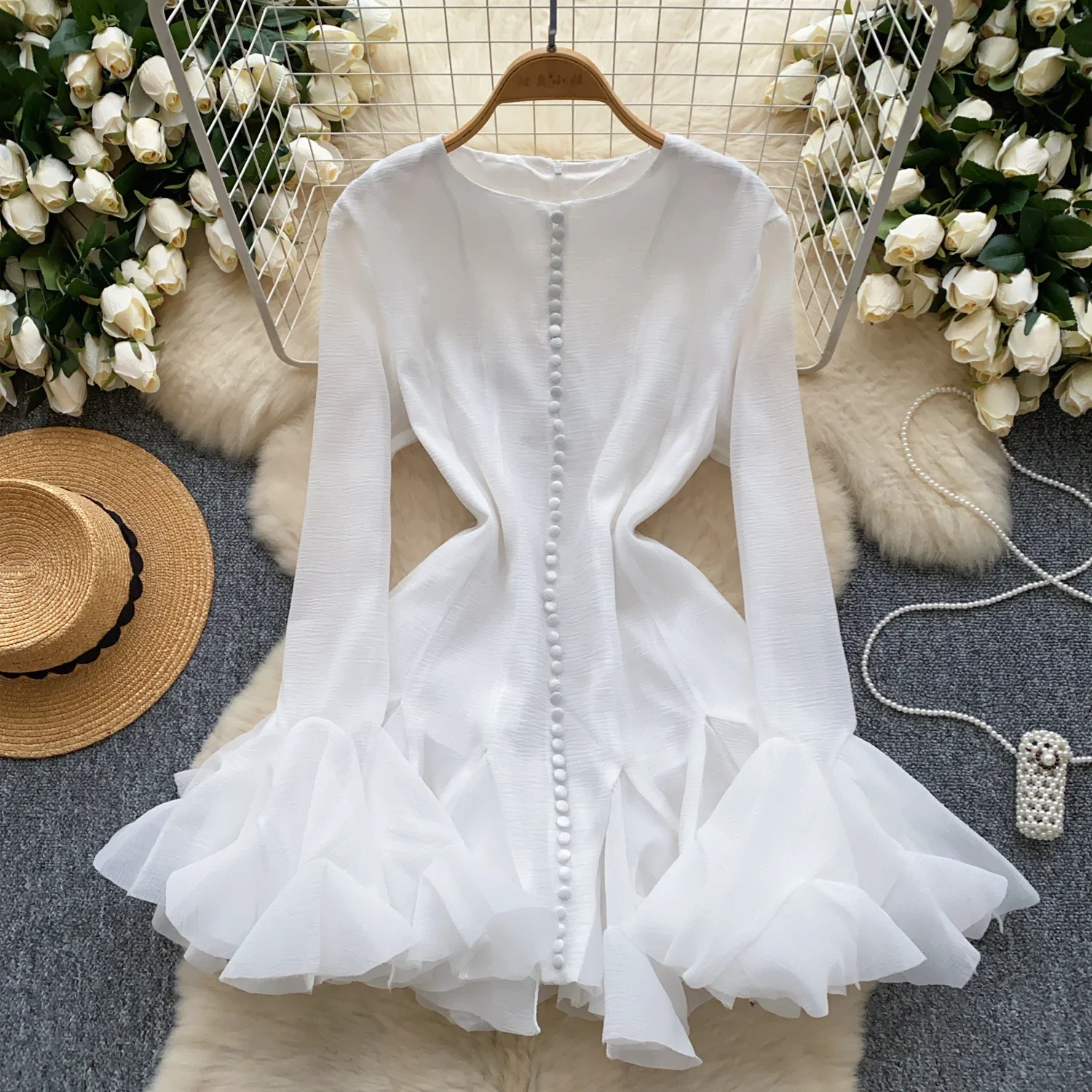 Elegant O-neck Vintage Petal Sleeve Chic Single Breasted Slim Ruffle Dresses Korean Fashion Evening High Street Autumn Clothing