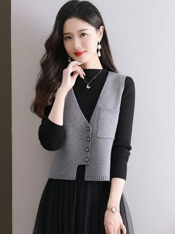 

Новинка 2025, женский вязаный свитер, жилет, китайский Sle, новая мода, открытый кардиган, трикотаж, дизайн на пуговицах с v-образным вырезом