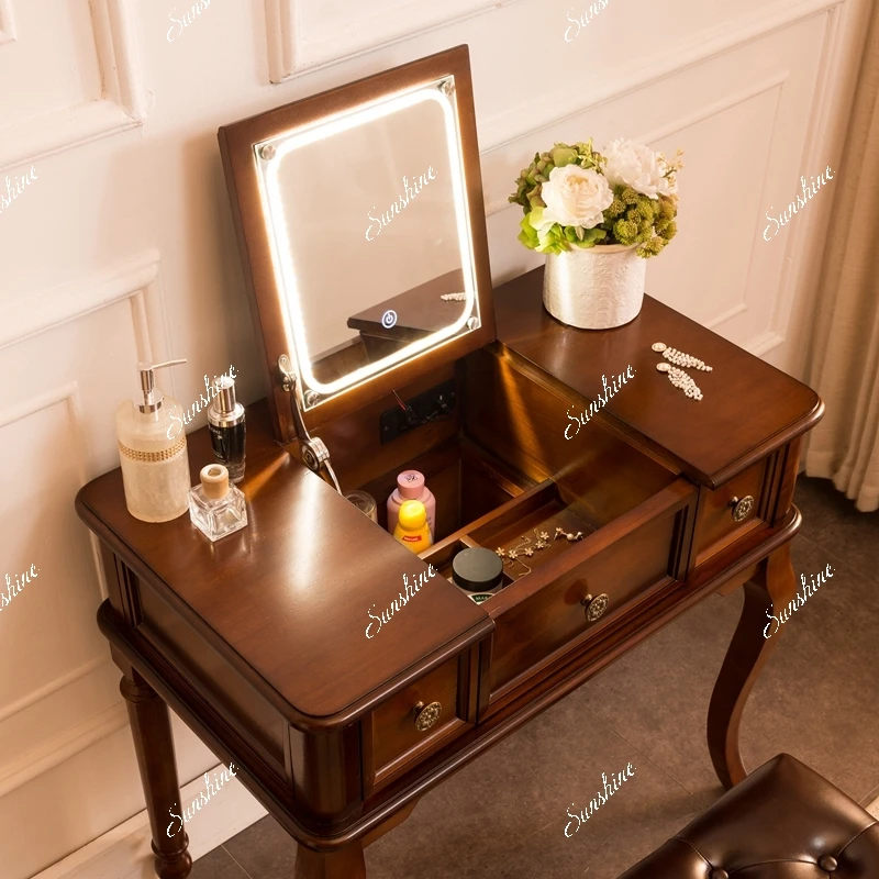 American solid wood makeup table bedroom modern simple clamshell storage integrated table