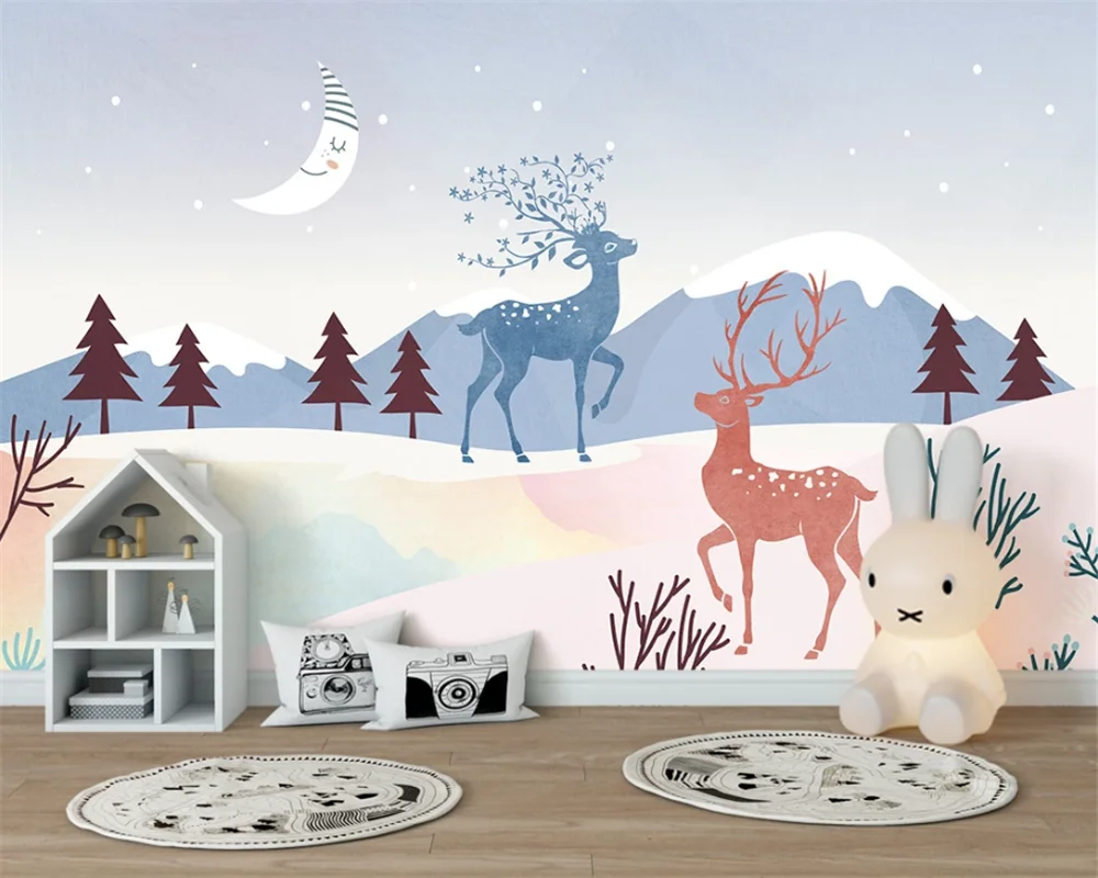 custom 3D modern stylish tree moon elk cartoon children room wallpaper deer living room sofa TV backdrop bedroom dining room 8d