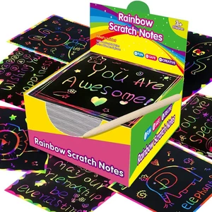 100pcs Scratch Paper Art Set Scratch Off Rainbow Magic Paper with 2 Bamboo Stylus Black Scratch Notes Xmas Birthday Gift Card