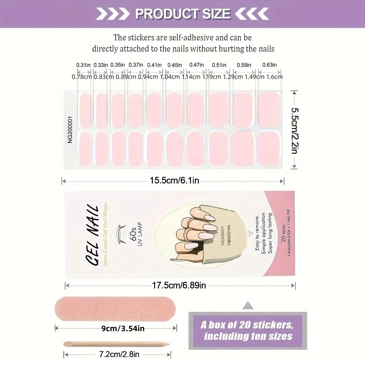 20-Finger Light Pink Nail Semi-Cure Gel Sticker, Fully Wrapped Waterproof Stickernail File and Stick (Uv/Led Light Required)