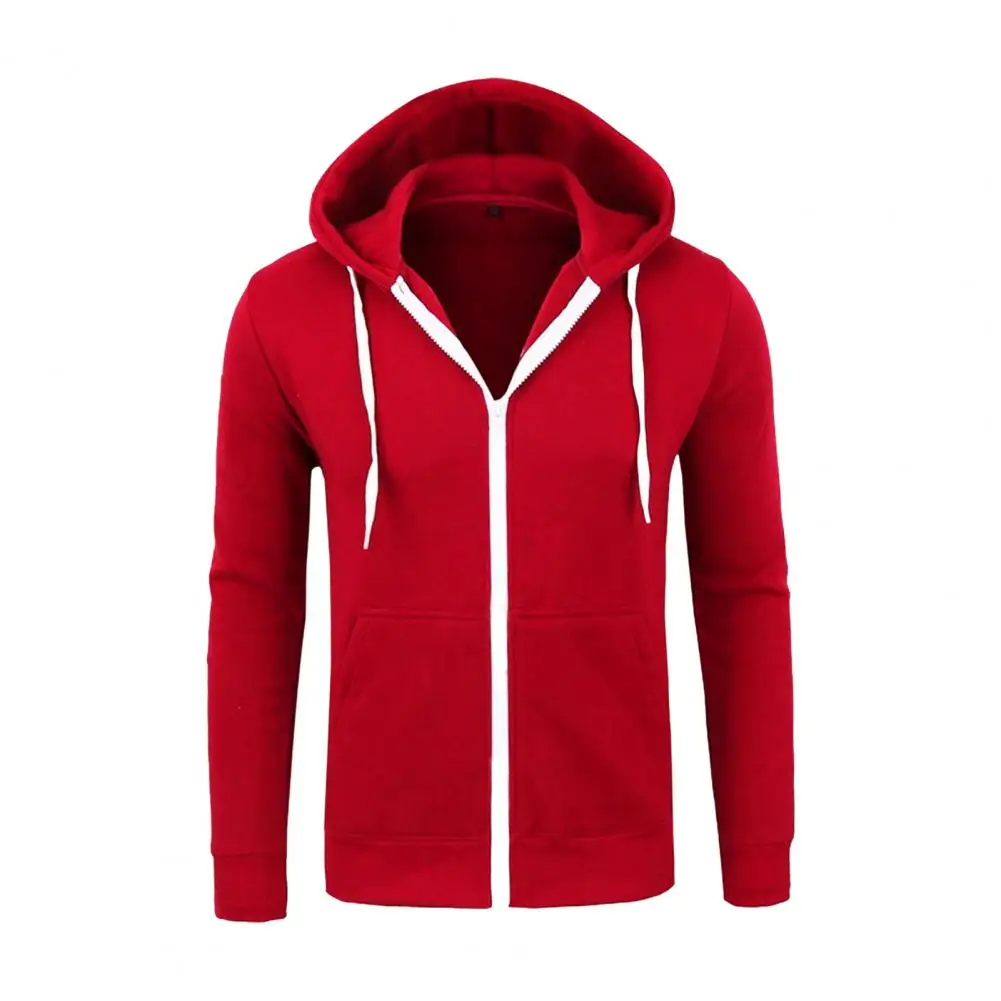 All-season Men Hoodie Stylish Men's Hooded Jacket with Drawstring Zip-up Closure Elastic Cuff Pockets Mid Length Solid for Fall